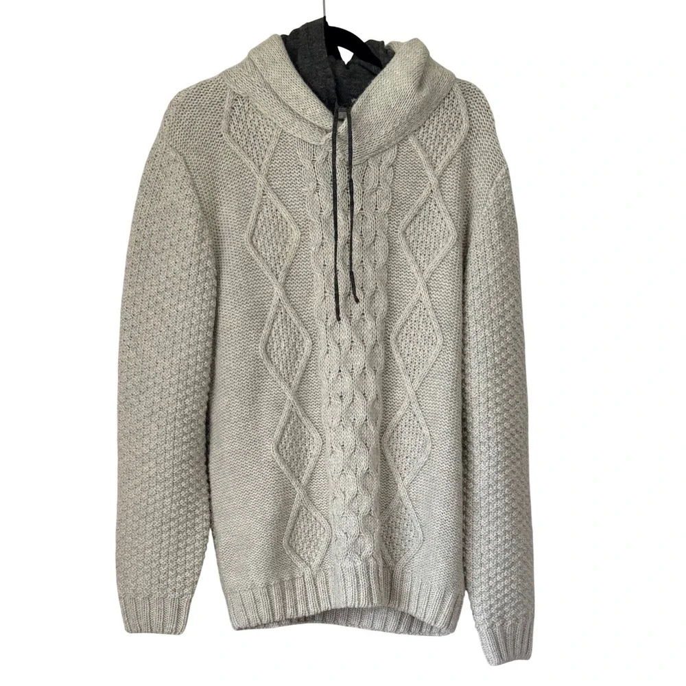 7 Diamonds Mens Gray Alpaca Wool Blend Cable Knit Botton-on Hooded Sweater L